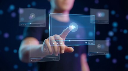 Business professional touching digital interface with futuristic UI icons for technology innovation and data analytics