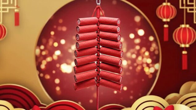 A dynamic display of red firecrackers strung together, poised against an elegant backdrop of golden clouds and hanging lanterns, embodying the vibrant energy of cultural festivities