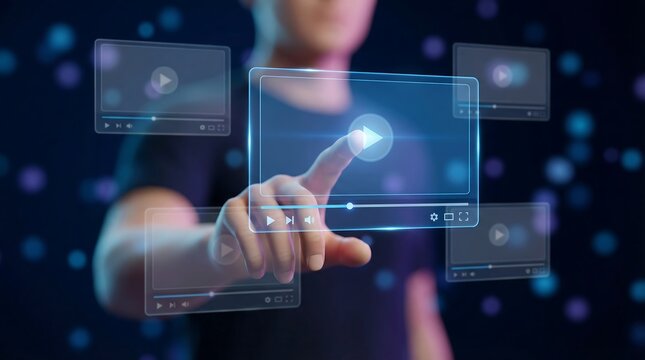 Business professional touching digital interface with futuristic UI icons for technology innovation and data analytics - Powered by Adobe