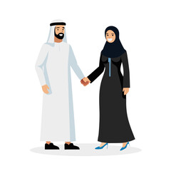 Illustration of a traditionally dressed Emirati couple holding hands, the man in white kandura and the woman in black abaya and hijab.