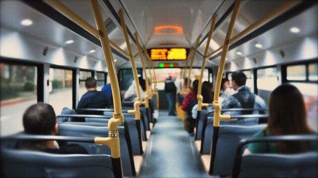 Interior of a modern city bus with passengers seated and standing.