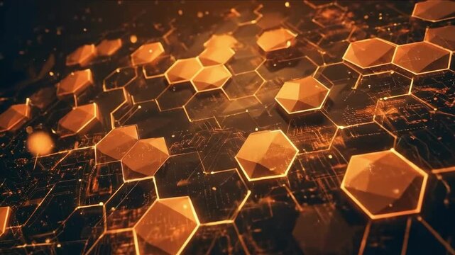 Abstract digital background with glowing orange hexagonal network and circuit patterns.