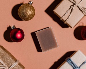 Christmas presents and decorative ornaments arranged on a soft brown background with a blank card mockup for holiday seasonal greeting card or marketing banner