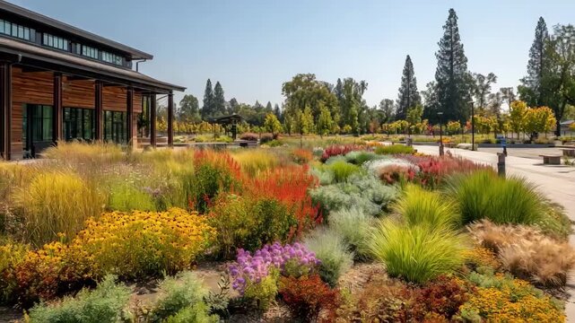 Prison yard featuring a mix of aridtolerant grasses and native plants captured in a medium shot to highlight landscape diversity and climate adaptability.