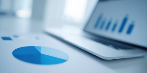 Marketing data charts on desk with laptop computer for audience segmentation and consumer profiling analysis in a clean professional corporate office setting