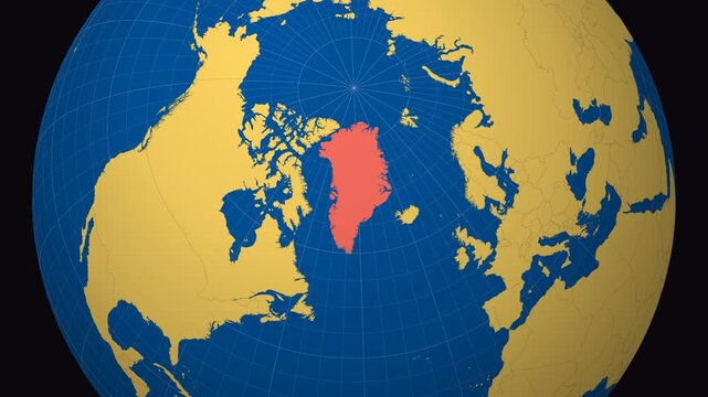 Greenland on Globe. Animated zoom into the country in Ocean Blue Golden Yellow color palette. Greenland logo animation. Map with meridians, parallels. Vibrant video.