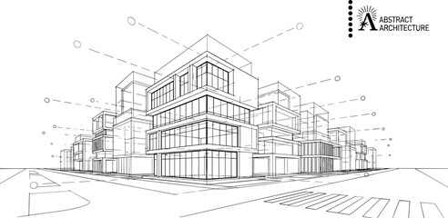 Fototapeta premium Abstract architectural vector of a modular glass block building complex at a street corner with technical survey lines.