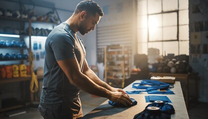 Diligent craftsman folding blue fabric on a workbench in a sunlit workshop, showcasing handmade production.