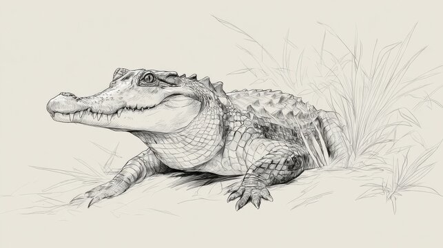 Realistic Sketch of an Alligator in Natural Habitat Setting