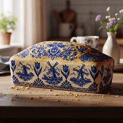 A loaf of bread adorned with intricate blue and white Delft-style patterns featuring windmills and