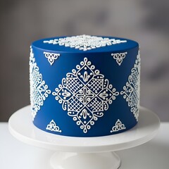 A single, elegant royal blue cake adorned with intricate white royal icing filigree designs,