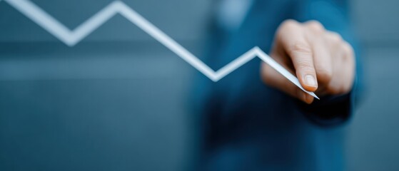 Businesswoman pointing at downward arrow graph for cost reduction and budget management, financial analytics concept with professional suit and copy space