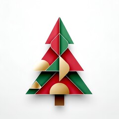 Abstract geometric Christmas tree crafted from folded paper shapes in red, green, and gold,