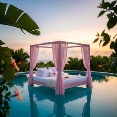 Serene canopy bed floats in a tranquil pool at sunset, framed by lush tropical foliage and soft