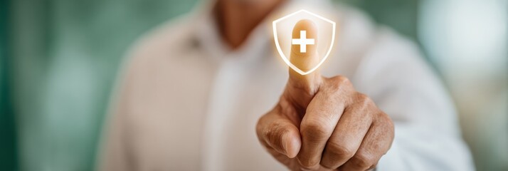 Businessman Pointing to Health Insurance Shield Icon on Virtual Screen for Medical Coverage and Financial Security with Soft Sage and Teal Background Copy Space