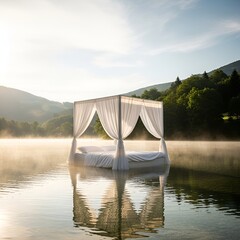 Serene four-poster bed with white linens floats on a tranquil misty lake at dawn, surrounded by