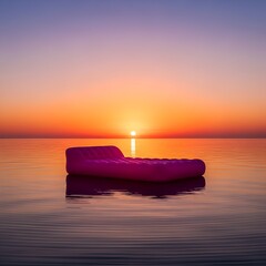 A vibrant pink inflatable mattress floats serenely on calm water under a breathtaking sunset,
