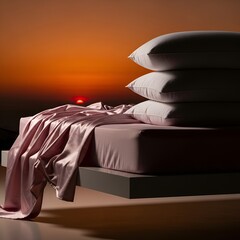 A stack of plush white pillows rests on a neatly made bed with flowing blush satin sheets,