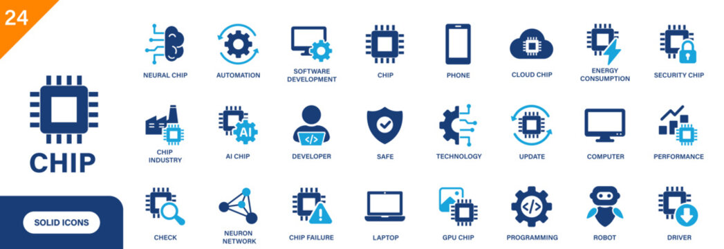 Chip icon. Includes cloud, chip failure, driver, GPU, technology, AI, CPU. Solid vector icon collection.