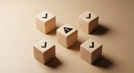 Obraz premium wooden blocks with checkmarks surrounding a central warning alert icon representing risk management quality control error detection business compliance and problem solving concept