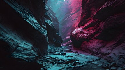 Panorama view of a deep slot canyon cyberfunk style 