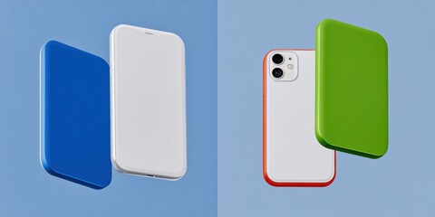 Smartphone with blank screen in rotated position for UI presentation mockup and infographic template, isolated with abstract color accents, top view for ecommerce branding