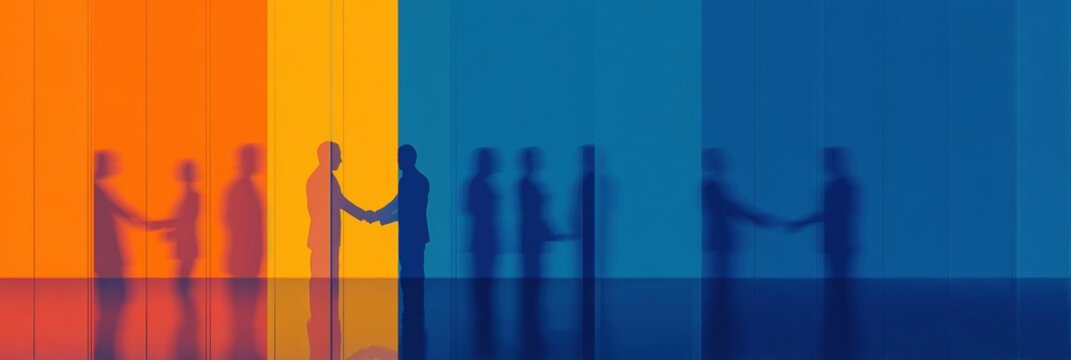 Silhouetted business people shaking hands in a modern office with colorful abstract glass background, representing corporate collaboration, teamwork, and finance