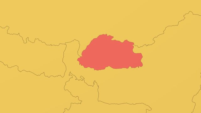 Bhutan on Globe. Animated zoom into the country in Ocean Blue Golden Yellow color palette. Bhutan logo animation. Map with meridians, parallels. Stylish video.
