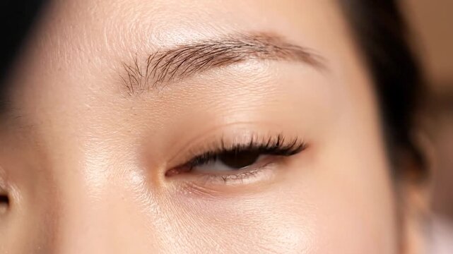 Close-up of an eye with perfectly applied, voluminous false lashes and a well-groomed brow