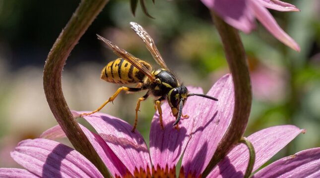 Close-up of a yellow jacket wasp feeding on a vibrant pink coneflower in a garden setting.