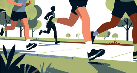 Modern flat vector illustration of diverse people running in an urban park with city skyline background. Concept of healthy lifestyle, fitness, outdoor exercise, jogging, and active community living.