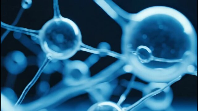 Abstract molecular structure with glowing blue spheres connected by thin transparent lines against a dark background creating a science and technology theme