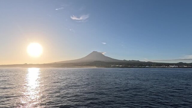 View from the sea Mount Pico at sunrise, Azores, Portugal