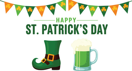 Naklejka premium Festive vector banner for Happy St. Patrick's Day featuring green and orange bunting, leprechaun boot, and beer mug.