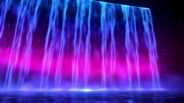 Colorful Waterfall Display with Bright Pink and Blue Lights at Night in a Magical Setting. Seamless looping 4k video background 