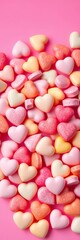 Sweet candy hearts in a vibrant pile on a pink background, representing love,  hearts,  holiday