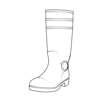 Angled view outline of a tall waterproof rubber boot. Vector line art of classic wellington footwear for rain and gardening isolated on white background. Knee-high fashion design.