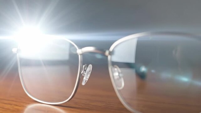 Elegant silver-framed eyeglasses resting on a polished wooden surface, reflecting light.