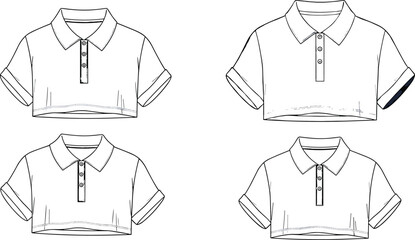 Women polo shirt technical flat sketch set, cropped short sleeve top design, fashion line art illustration isolated © Sabbir's World