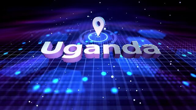 Uganda Location Text Animation on Futuristic Digital Grid Background location, pin, marker, map, country, text Uganda GPS Navigation and Smart Technology Map Uganda Map with Geolocation Marker