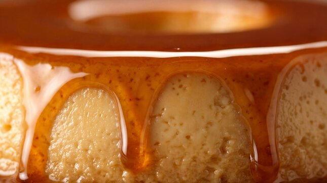 Detalhe extremo de pudim brasileiro cremoso com calda de caramelo brilhante escorrendo em c&acirc;mera lenta, texturas suaves e reflexos dourados, luz suave de topo, cores intensas, est&eacute;tica sensorial apeti
