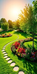 Sun-drenched green expanse with vibrant flower beds and winding paths,  bloom,  nature