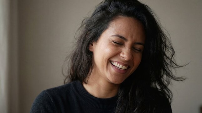 Retrato de mulher morena rindo com olhos fechados em alegria genu&iacute;na, cabelo ondulado em movimento suave, fundo neutro desfocado, luz lateral delicada real&ccedil;ando tra&ccedil;os, estilo editorial