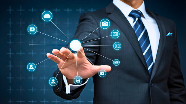 Businessman interacts with futuristic interface displaying various media icons and connections in a digital environment 14.jpg - Powered by Adobe