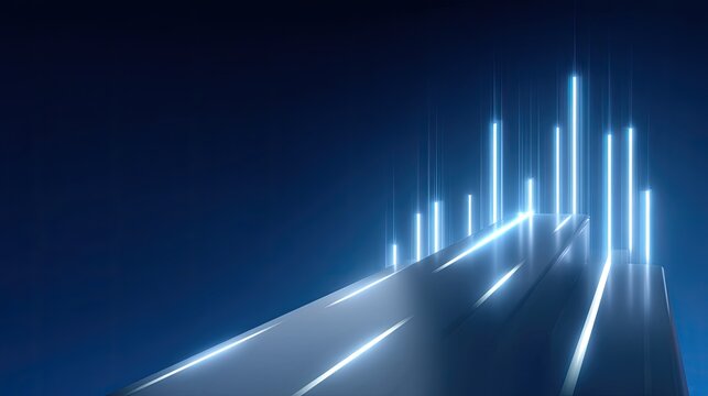 Futuristic Landscape with Glowing Vertical Bars and Dynamic Lines, Representing Modern Data Visualization and Technological Advancement Consisting of Blue Tones