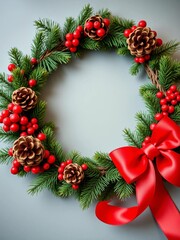 Festive wreath adorned with pinecones, berries, and a satin ribbon,  festive,  ribbon