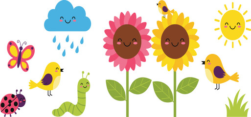 Cute spring nature cartoon clipart set with flowers, birds, sun, cloud, butterfly, worm and ladybug for kids illustration and nursery design © Sumon Creative