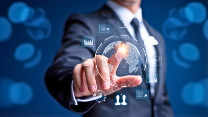 Businessman interacting with a digital globe interface with futuristic icons and data visualizations