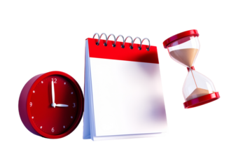 Organized Time Management and Project Planning with Clock Calendar Hourglass for Business Productivity and Deadline Success, Isolated on White Background, PNG