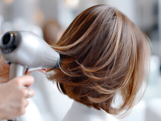 Fototapeta premium Professional hairdresser hand using blower drying client or customer short blond hair, doing hairstyle in beauty salon, hairstylist or hair culture and Style